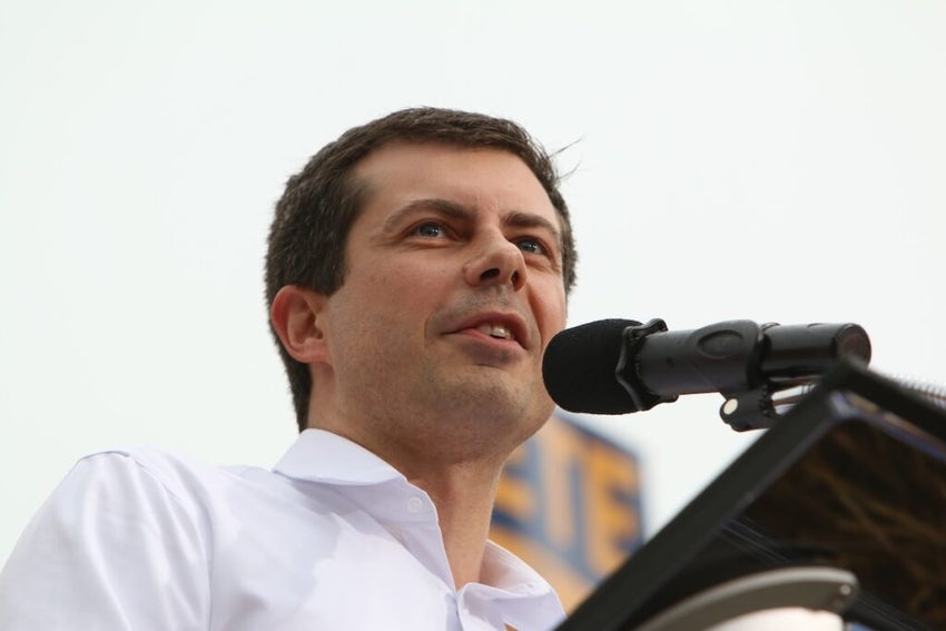 Pete Buttigieg, Democratic presidential candidate, speaks to the crowd at a political rally