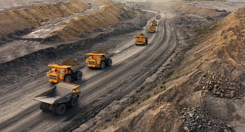 Mining trucks on dirt road in quarry.