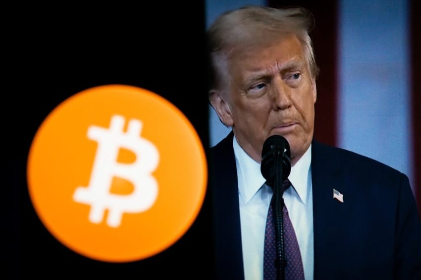 Bitcoin Logo on Screen with Donald Trump Speaking in Background