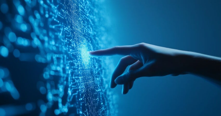 Artificial intelligence and human hand touching with digital data technology, concept on a blue background for future tech or business.