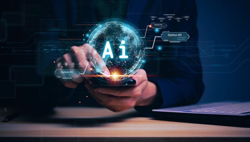 Businessman holding hologram Ai Chat system virtual icon using on smartphone intelligence Ai