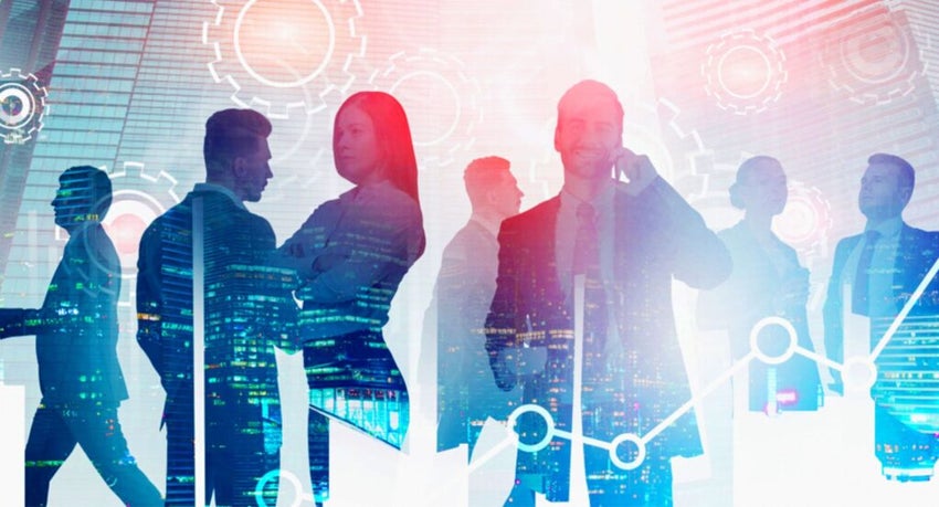 Businesspeople silhouettes with digital charts and gears overlay.