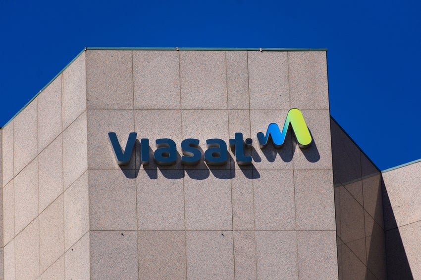 Viasat logo on headquarters building.