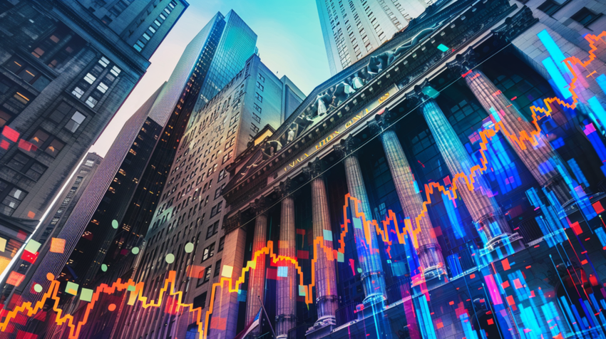 Skyscrapers with stock market graphs overlay.