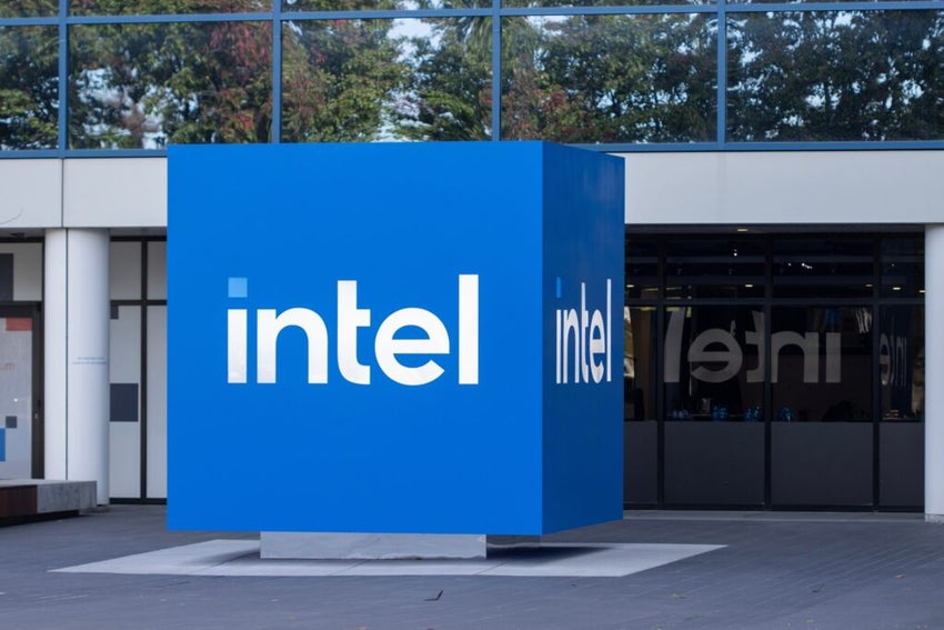 Intel log on square sign outside of building.