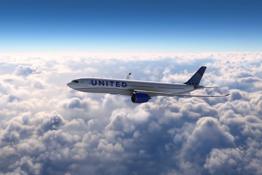 AirBus A330 United Airlines flying over the clouds
