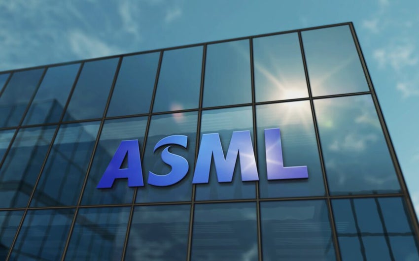 ASML logo on glass facade in its headquarters in Netherlands