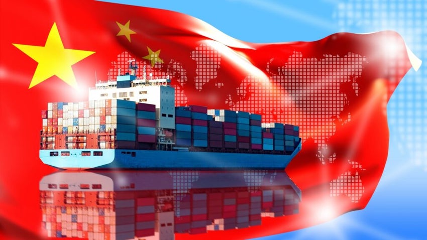 Cargo ship over Chinese flag with digital world map background.