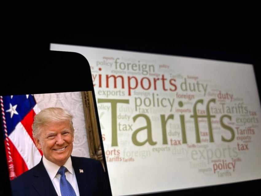 Donald Trump appears on mobile phone next to word cloud about trade and tariffs.