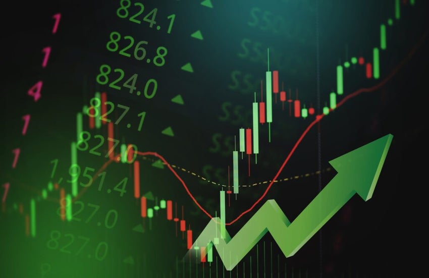 Bullish stock chart with green arrow