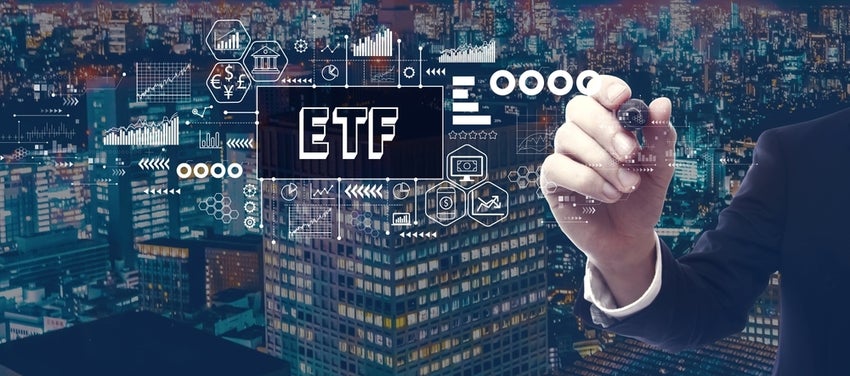 'ETF' imposed on city scape in background