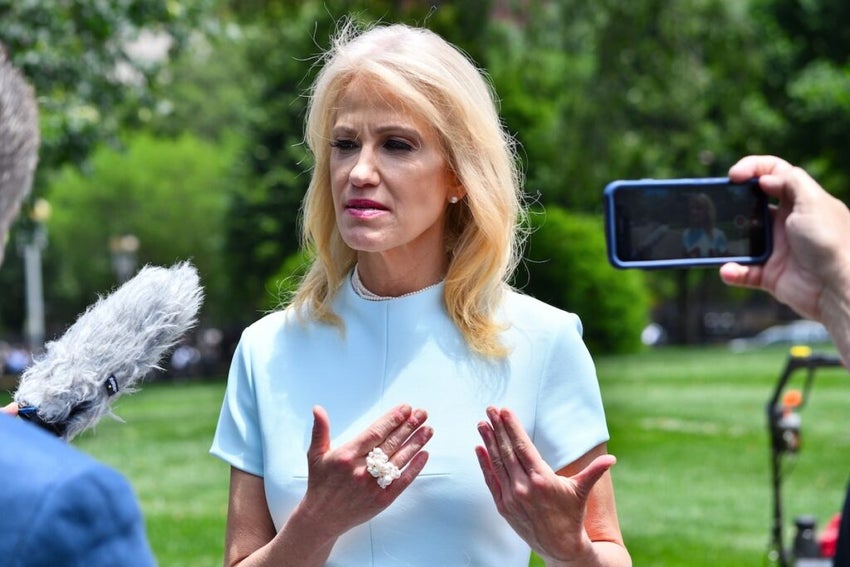 Kellyanne Conway, counselor to President Trump " answers reporters questions in the White House driveway.
