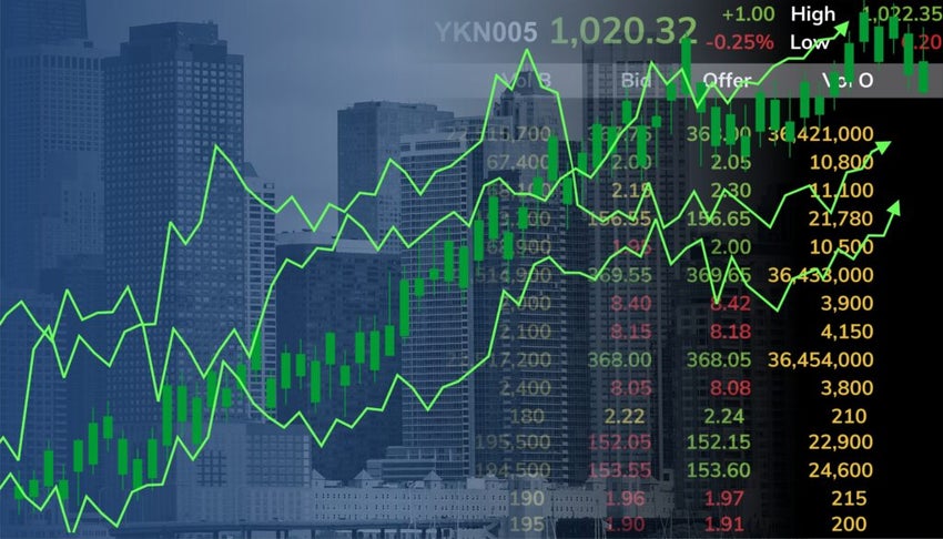 Stock market growth vector with green candlestick chart and rising lines. Ideal for illustrating profit, success, investment growth, financial gain, and bullish economic trends in business media.