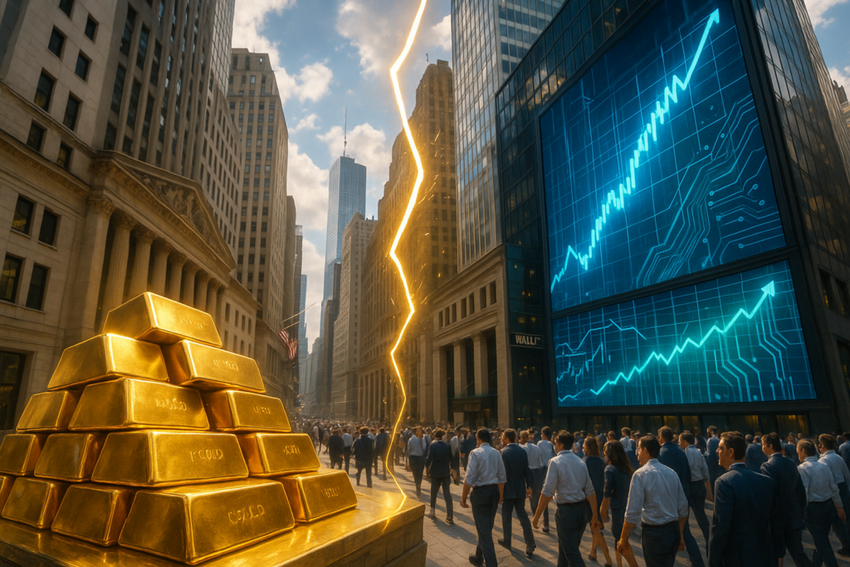 Gold and tech stock chart with wall street traders.