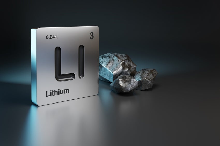 A stylized metallic cube for the element Lithium, with pieces of raw lithium metal next to it.