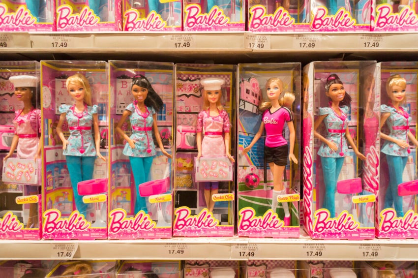 A row of Mattel's Barbie dolls