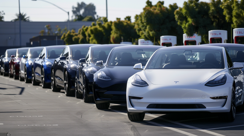 Row of parked Tesla cars at charging station.