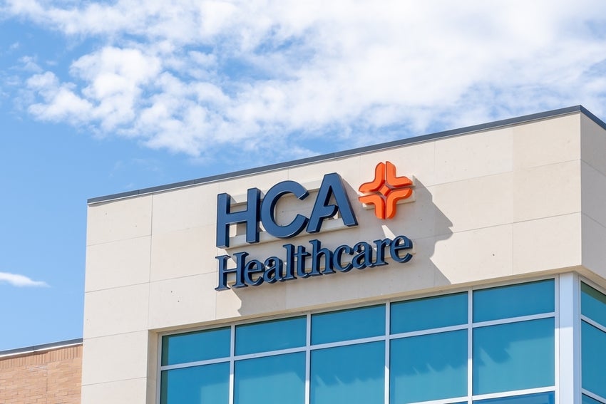 Closeup of HCA Healthcare sign on the building. HCA Healthcare is an American for-profit operator of health care facilities.