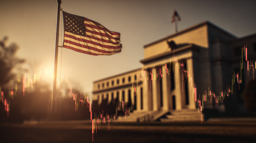 Fed building with American flag as sun rises.