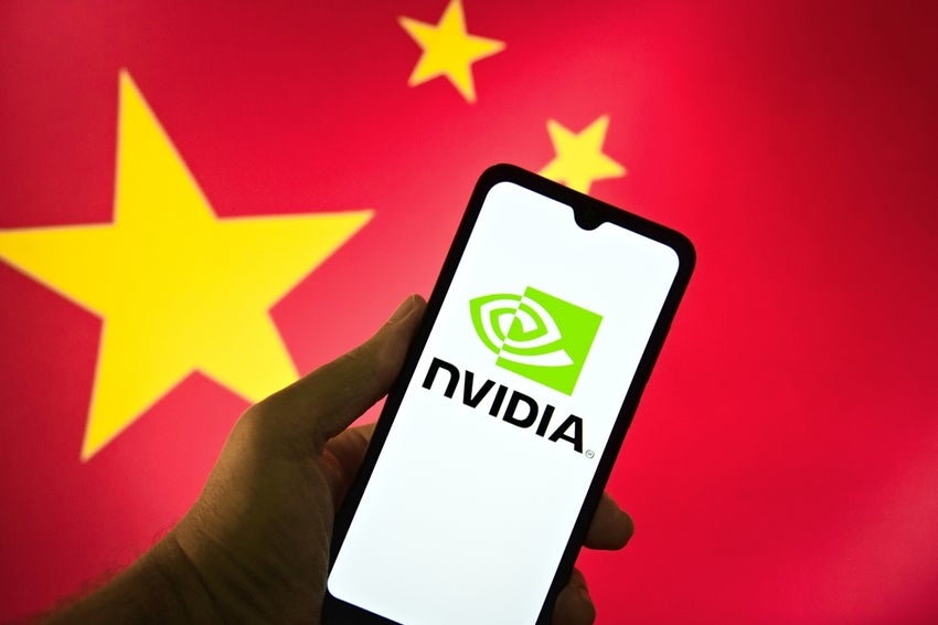 Nvidia logo on smartphone screen with Chinese flag in background.