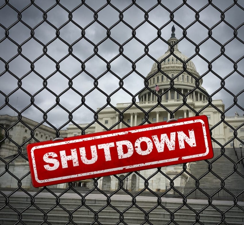 US shutdown and United States government closed and American federal shut down due to spending bill disagreement between the left and the right as a national symbol