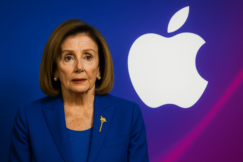 Nancy Pelosi in blue suit Apple logo background.