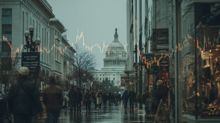 Crowded street with U.S. Capitol in background stock chart overlay.