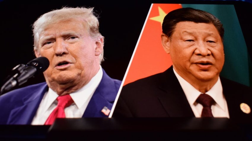 Split-screen of Donald Trump and Xi Jinping with U.S. and China flags