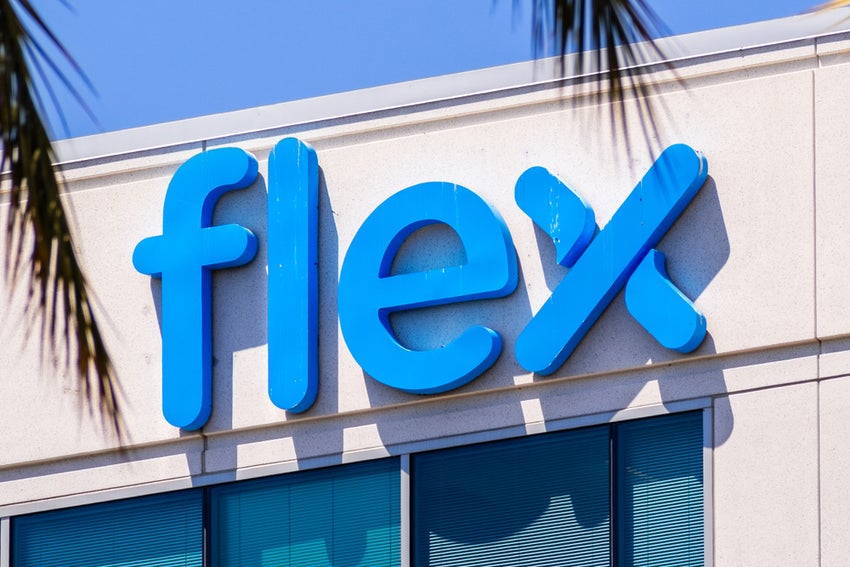 Close up of Flex logo at their administrative headquarters in Silicon Valley.