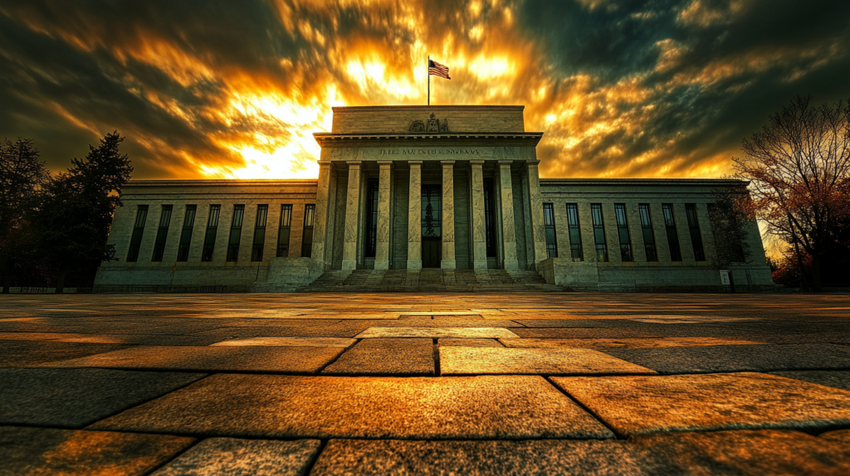 Federal Reserve building with a dramatic sunset sky.