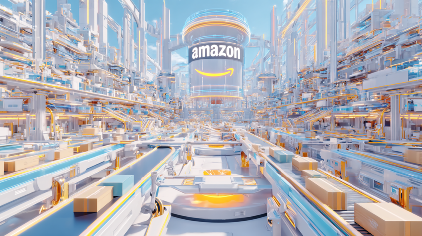 Futuristic Amazon warehouse with packages moving.