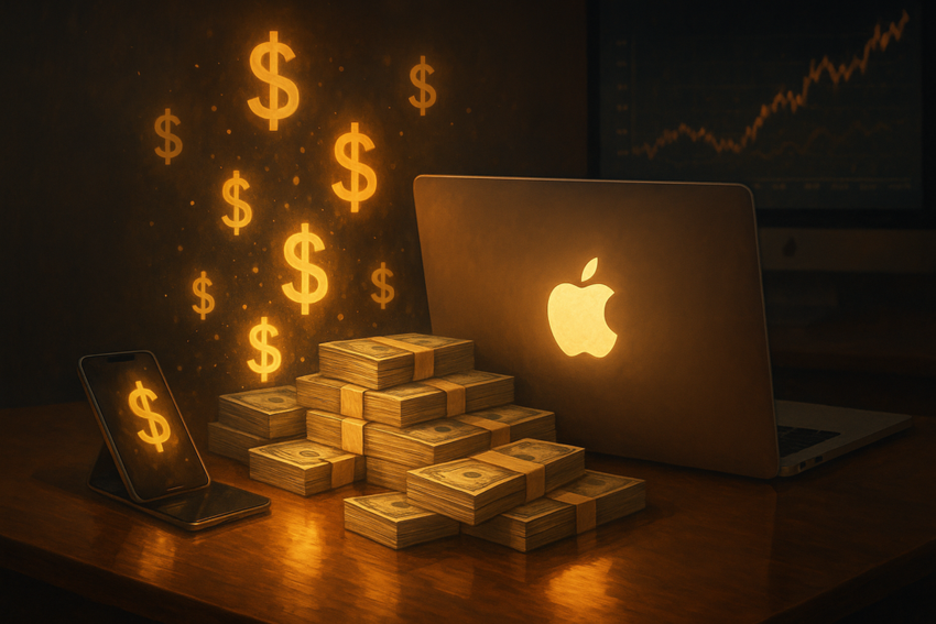 Apple devices, glowing dollar symbols, and stacked cash under warm light
