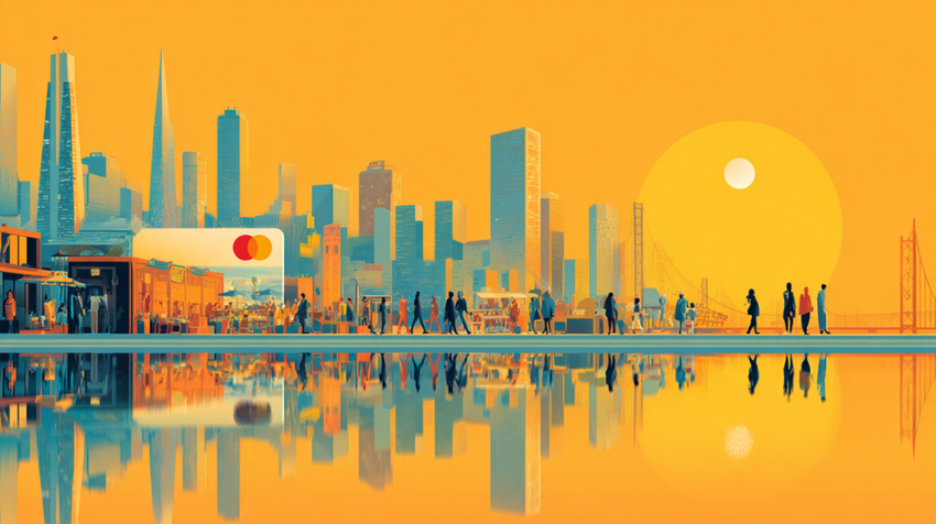 Mastercard posited in city at sunrise