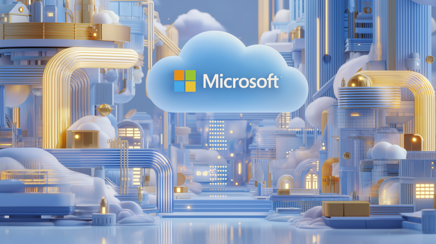 Microsoft logo in a cloud in a cartoon factory.