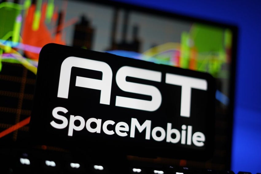 AST SpaceMobile logo with colorful graph background