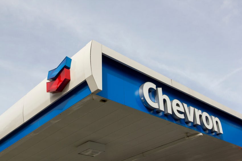 The Chevron sign at a Chevron gas station.