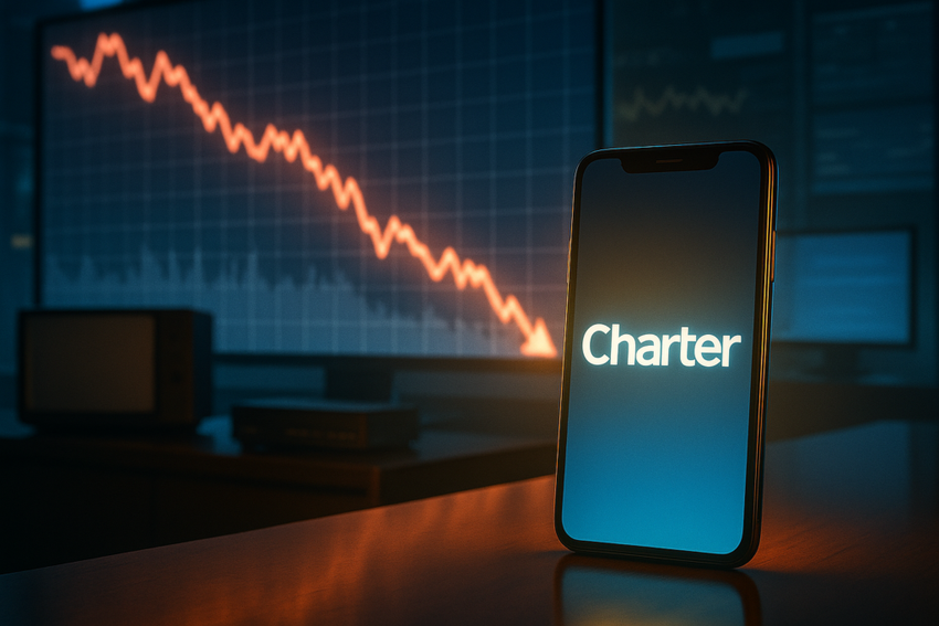 Charter logo on a smartphone with an arrow showing a downtrend.