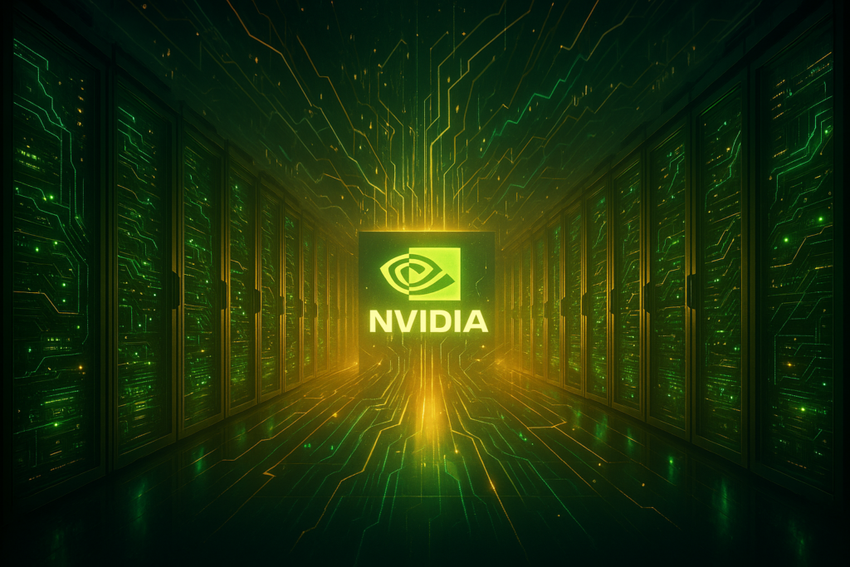 Nvidia logo in the back of glowing green data center racks.