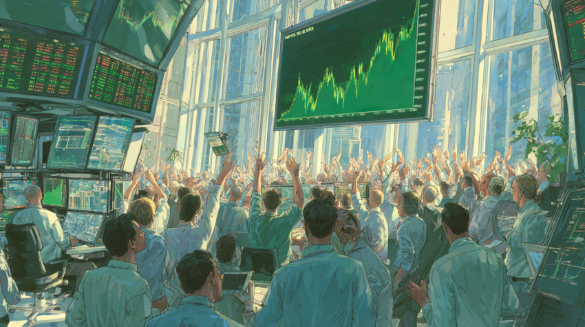 Wall street traders cheering as a chart goes up.