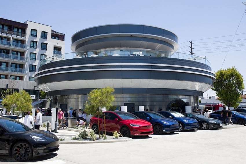 Tesla Diner in Hollywood is a retro-futuristic steel saucer-shaped building.