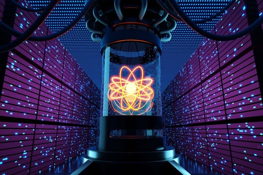 Atom have a glowing core and orbits in a laboratory device 3D illustration of the concept of quantum computer