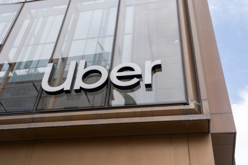 Uber sign on its headquarters building in San Francisco, California, USA