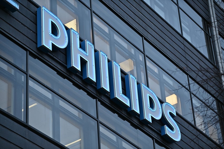 A neon sign for the Dutch electronics manufacturer Philips on the wall of an office building in the Kista business district in Stockholm, Sweden.