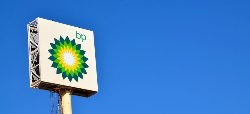 BP, British Petroleum multinational oil and gas company logo on its gas service station on blue sky background.