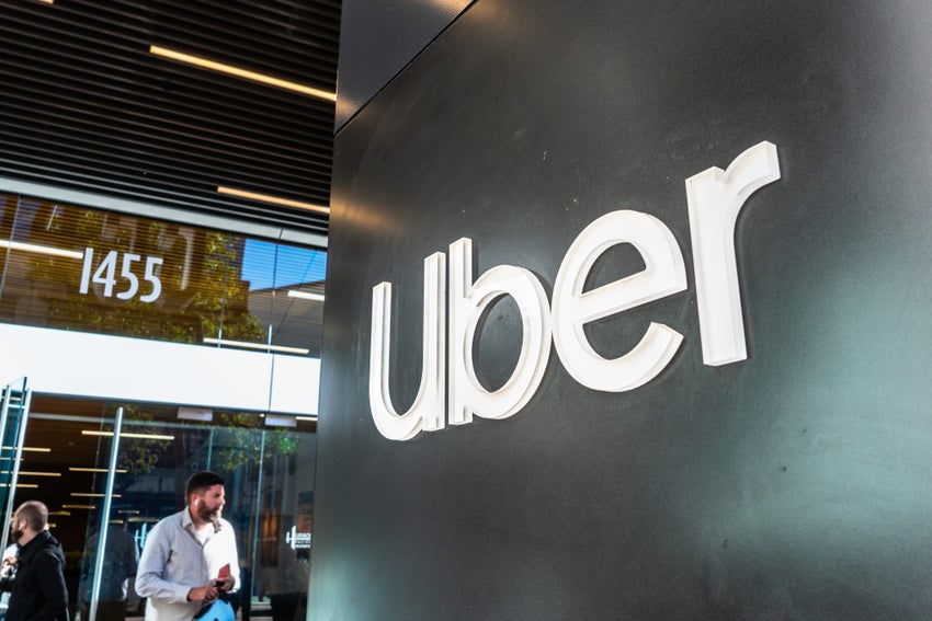Close up of UBER sign at their headquarters in SOMA district, California