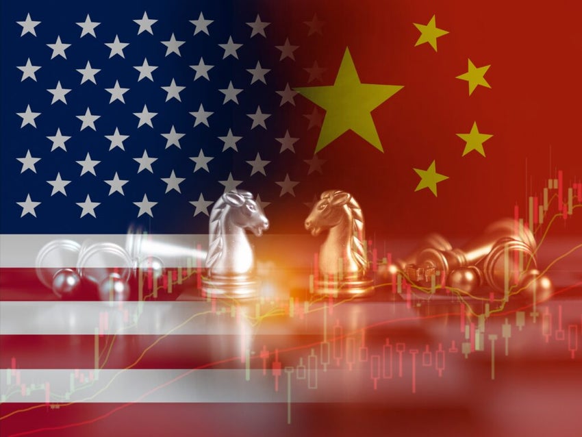 US America and China flags on chess on a chessboard