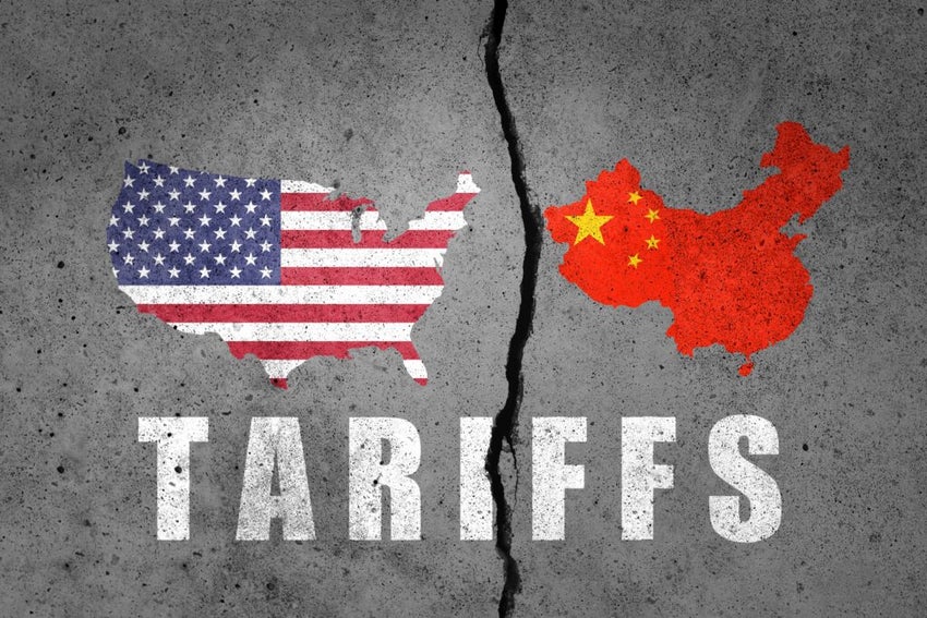 Flag map of US and China painted on cracked wall. China and United States of America trade and tariffs, customs war.