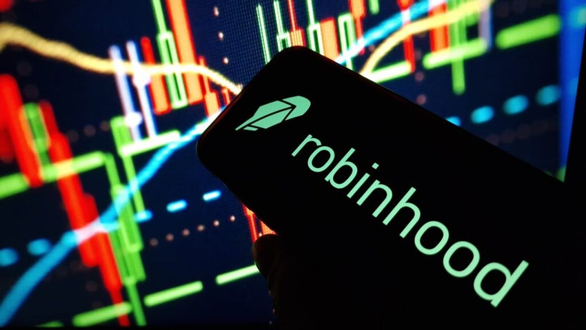 Robinhood app logo displayed on smartphone with colorful stock market chart background.