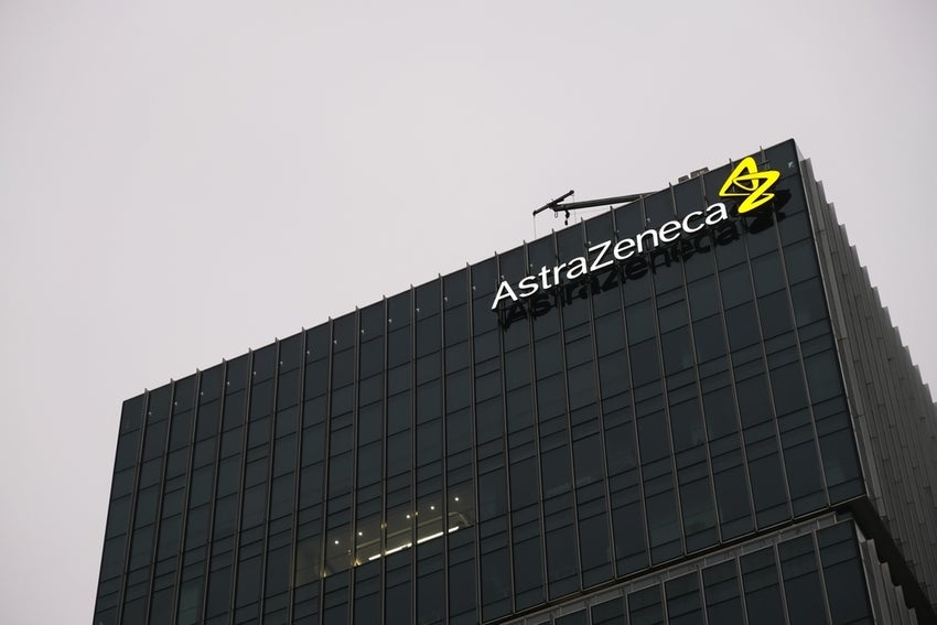 AstraZeneca company office building and brand logo.