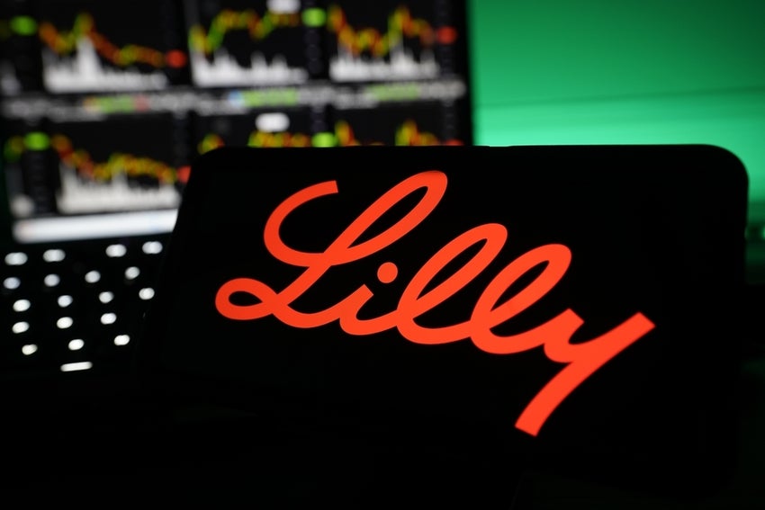 Eli Lilly Logo On Mobile And Computer Screens With Stock Chart Background